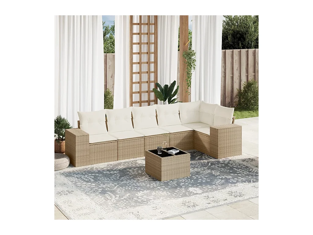 7-delige Loungeset met kussens poly rattan beige