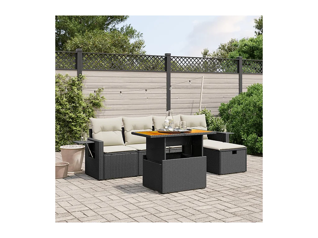 Salon de jardin 6 pcs avec coussins noir résine tressée
