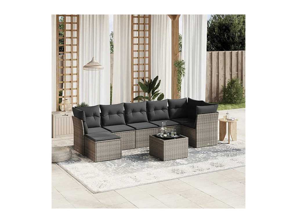 Salon de jardin 8 pcs avec coussins gris résine tressée
