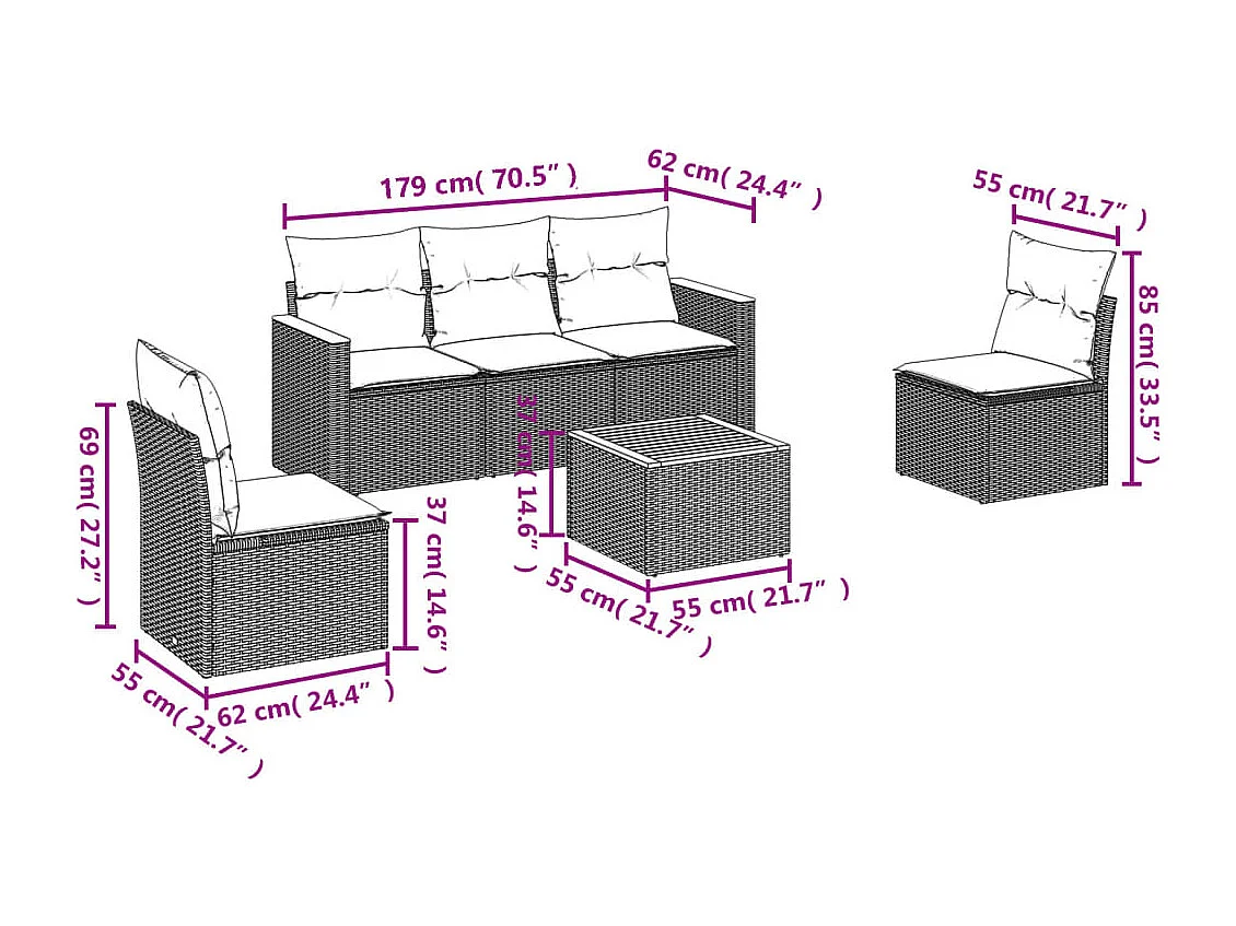 Salon de jardin 6 pcs avec coussins gris résine tressée