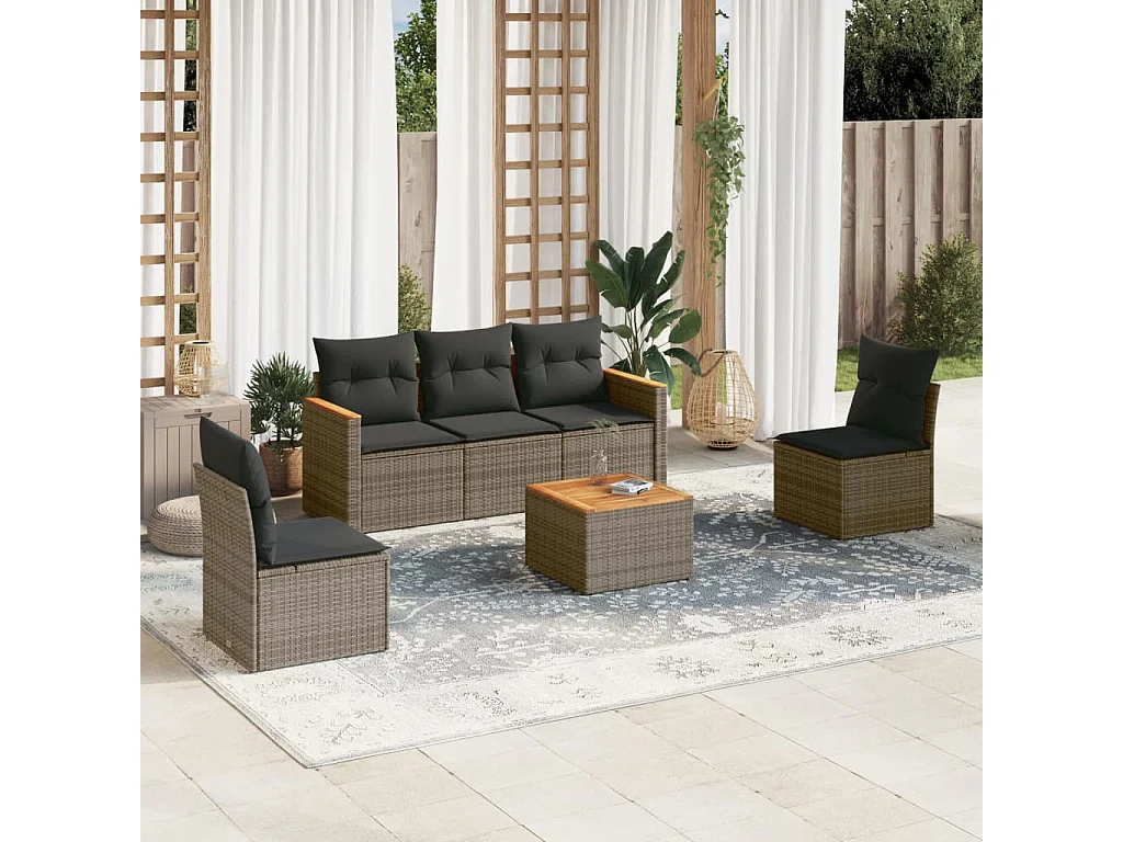 Salon de jardin 6 pcs avec coussins gris résine tressée