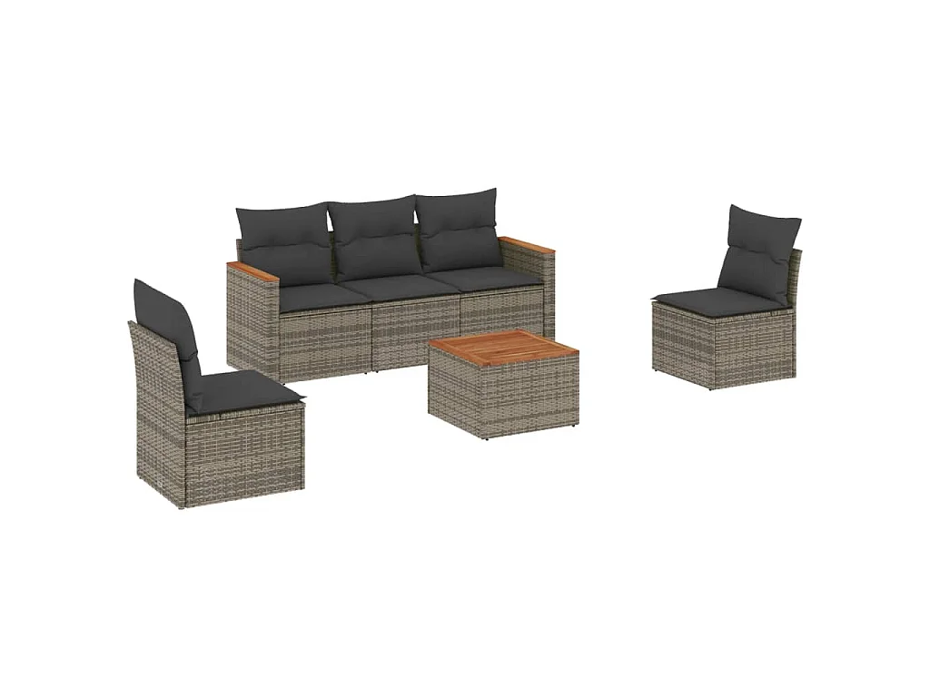 6-delige Loungeset met kussens poly rattan grijs