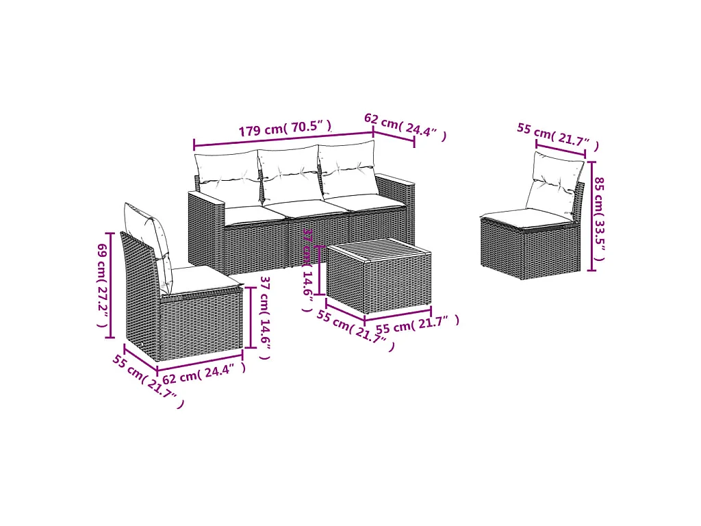 6-delige Loungeset met kussens poly rattan grijs