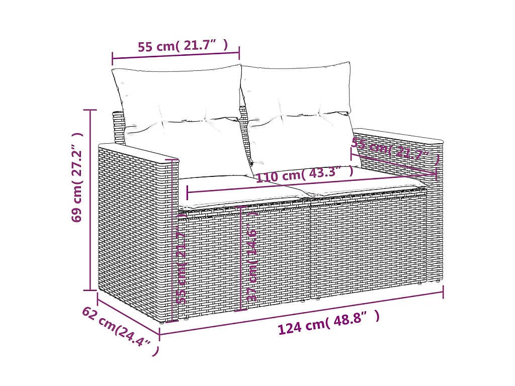 6-delige Loungeset met kussens poly rattan grijs