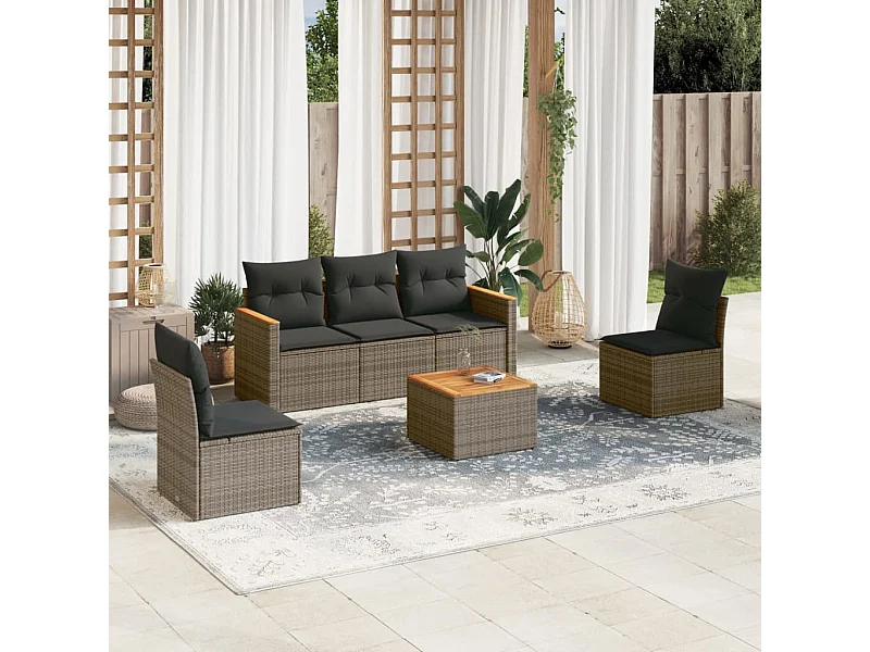 Salon de jardin 6 pcs avec coussins gris résine tressée