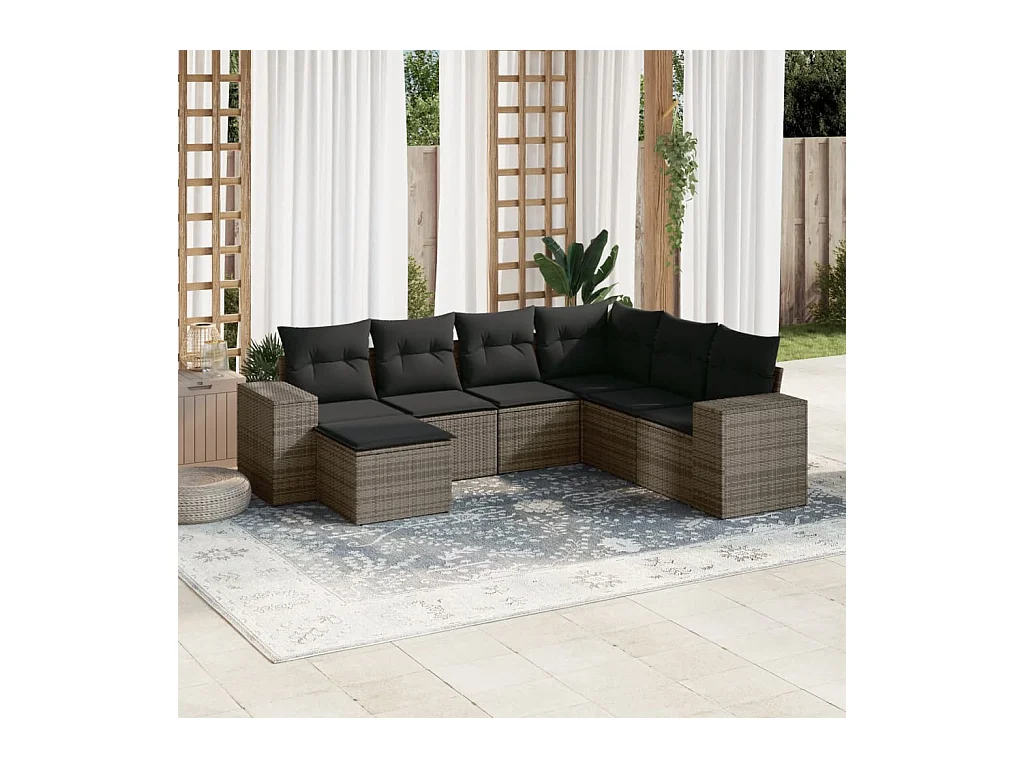7-delige Loungeset met kussens poly rattan grijs