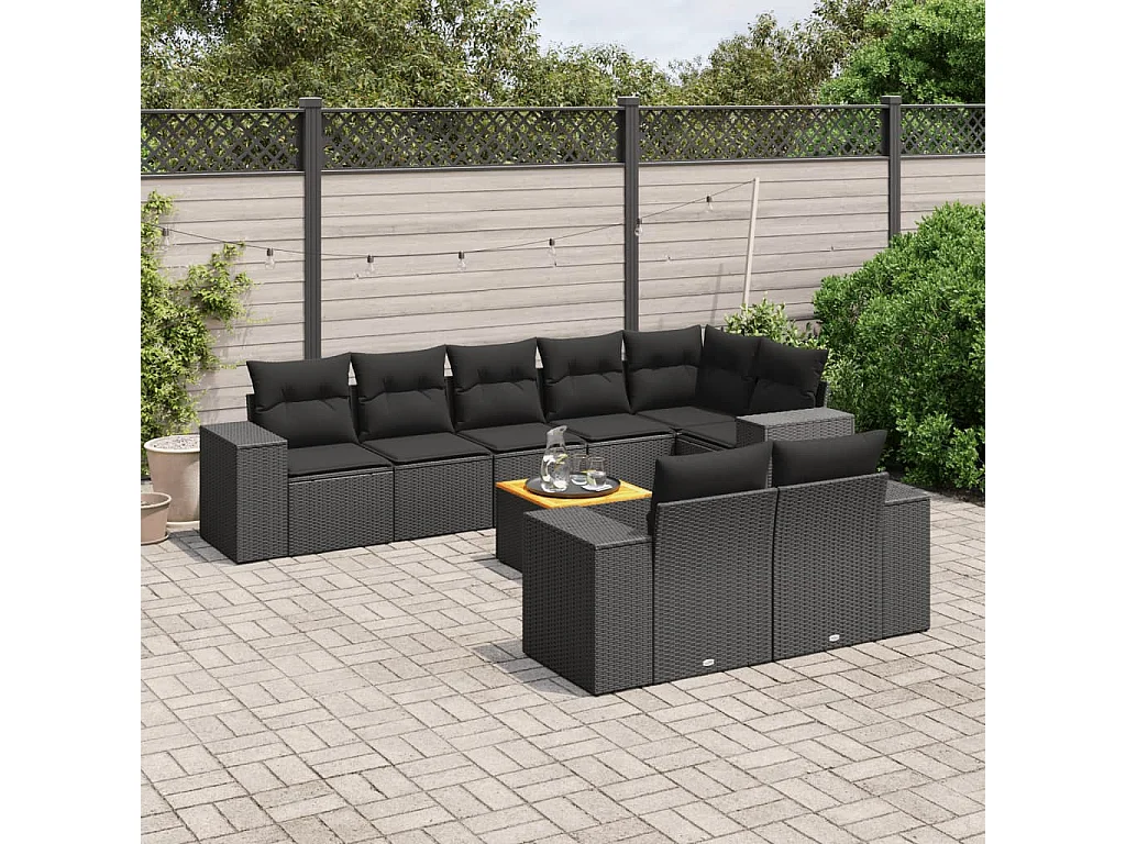 9-tlg. Garten-Sofagarnitur mit Kissen Schwarz Poly Rattan