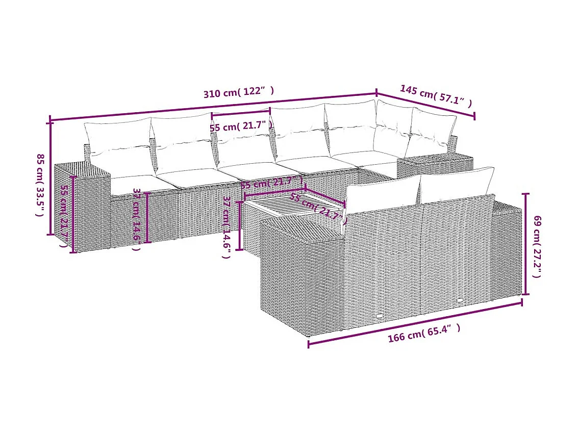 9-tlg. Garten-Sofagarnitur mit Kissen Schwarz Poly Rattan