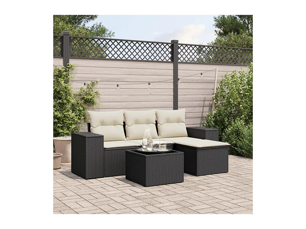 5-tlg. Garten-Sofagarnitur mit Kissen Schwarz Poly Rattan