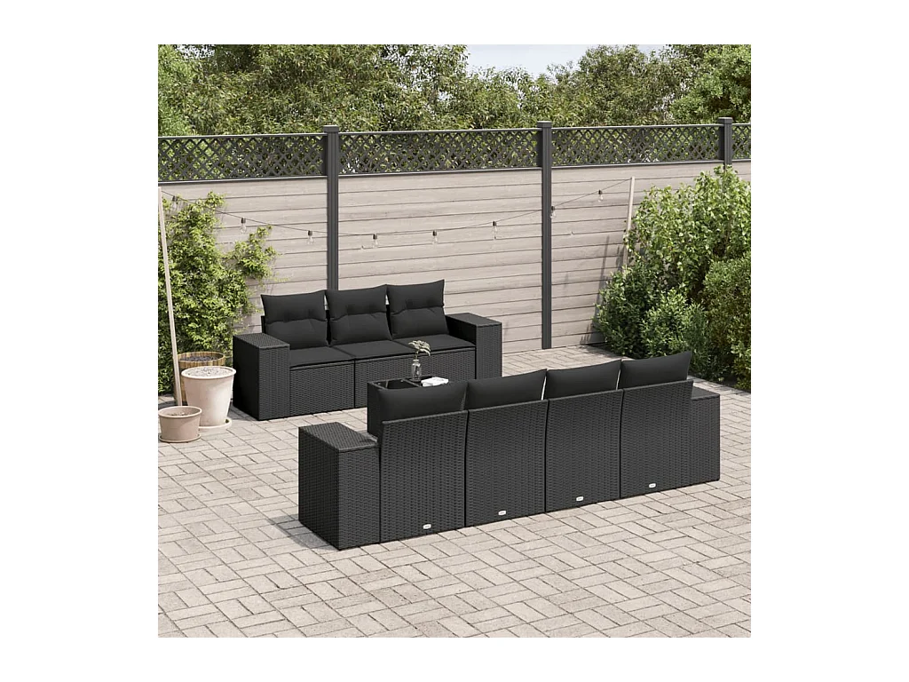 8-delige Loungeset met kussens poly rattan zwart