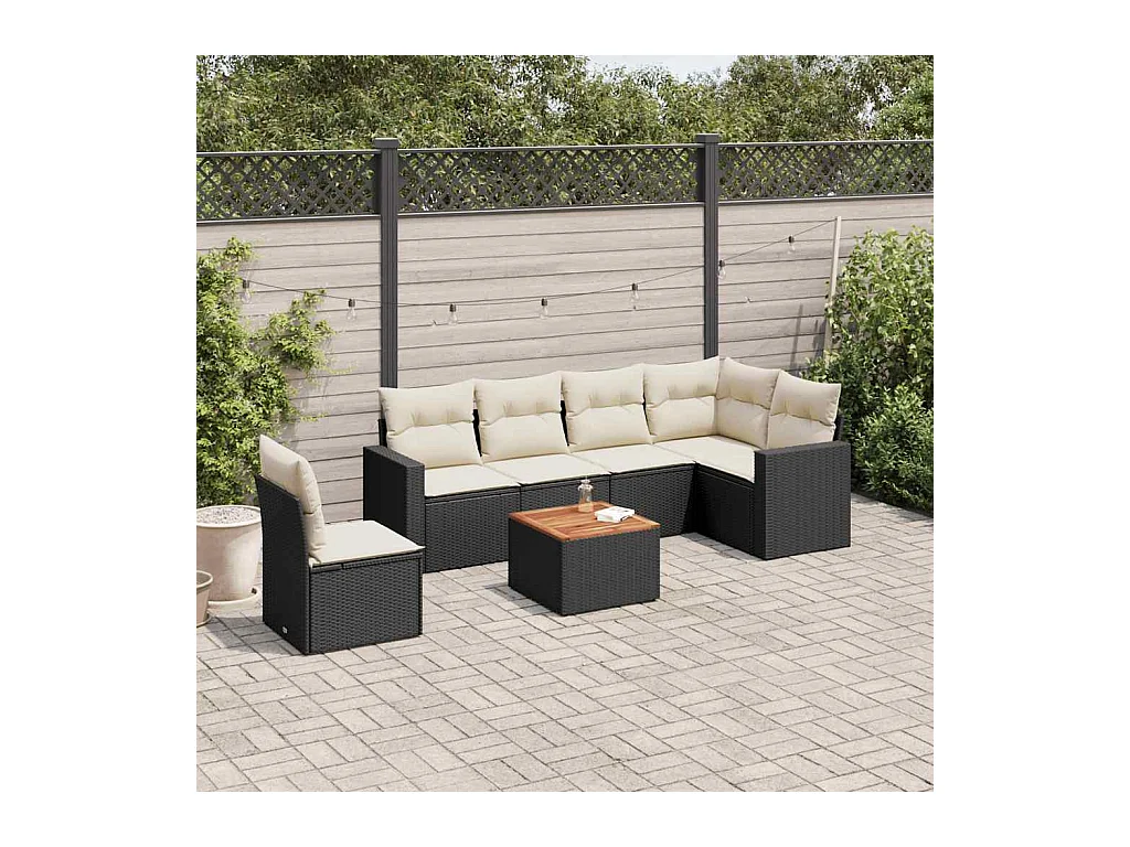 7-tlg. Garten-Sofagarnitur mit Kissen Schwarz Poly Rattan