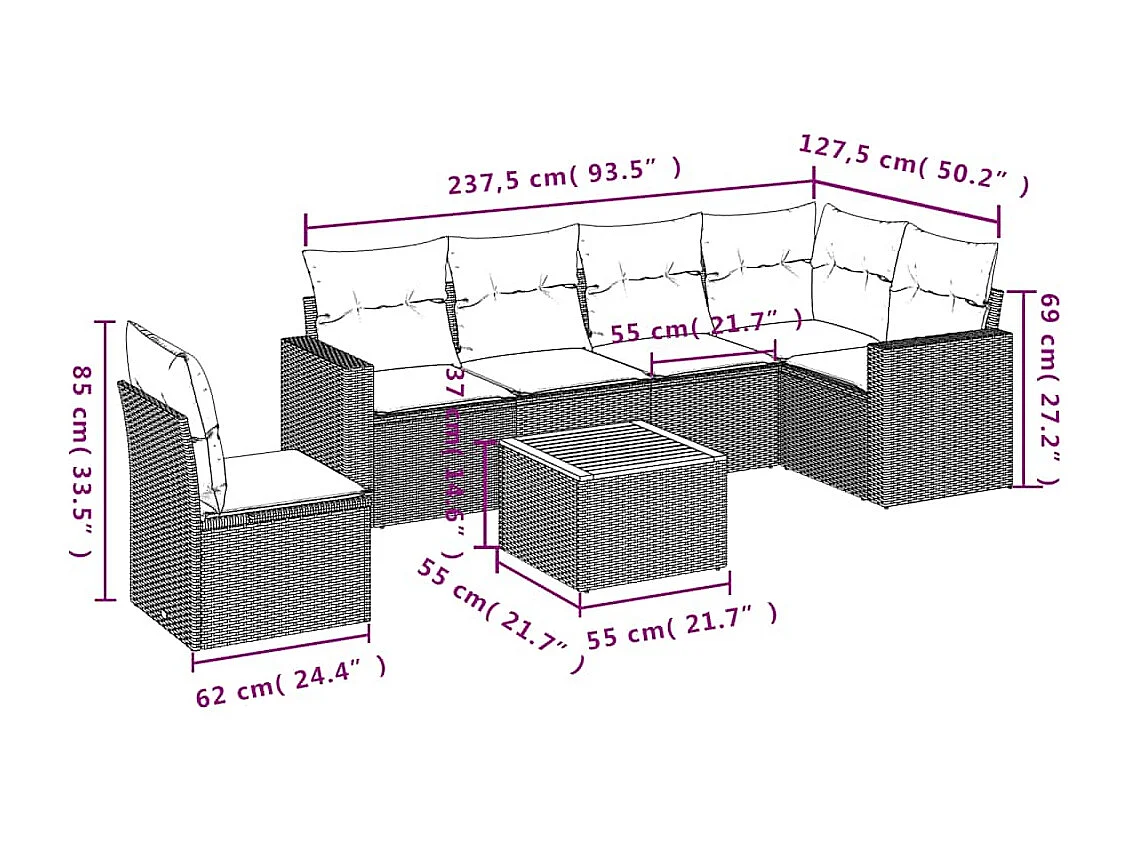 Salon de jardin 7 pcs avec coussins noir résine tressée