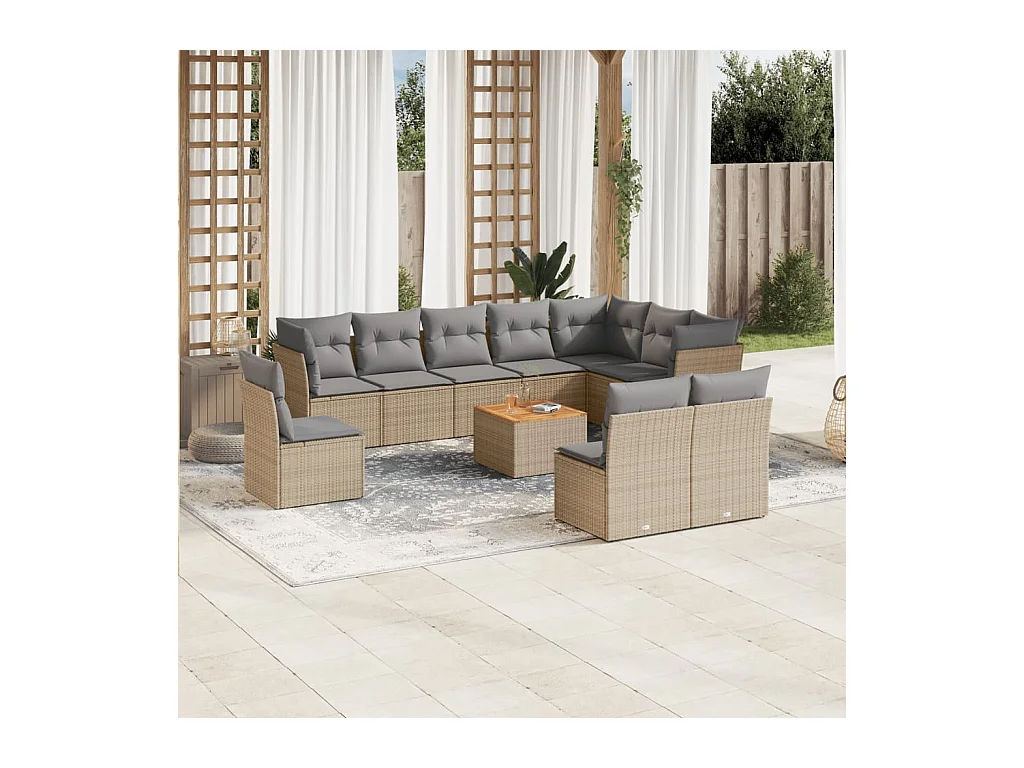11-tlg. Garten-Sofagarnitur mit Kissen Beige Poly Rattan