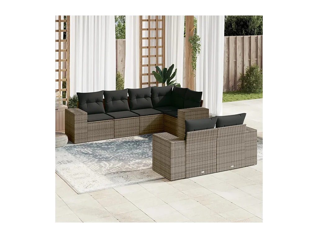 7-delige Loungeset met kussens poly rattan grijs