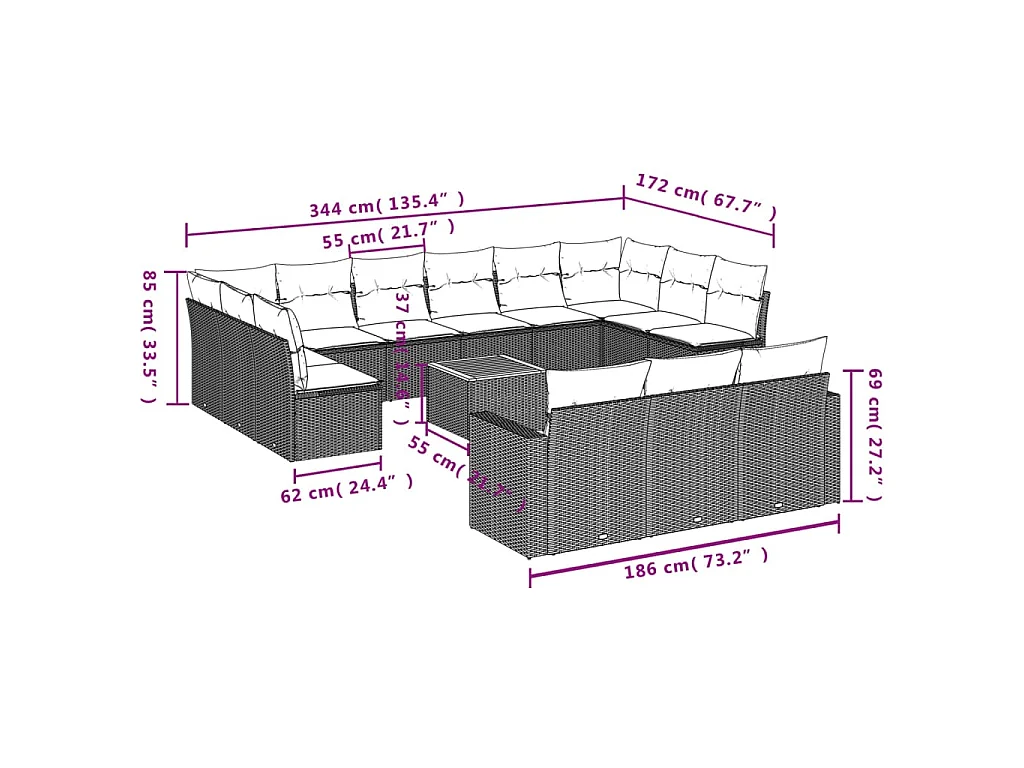 14-delige Loungeset met kussens poly rattan zwart