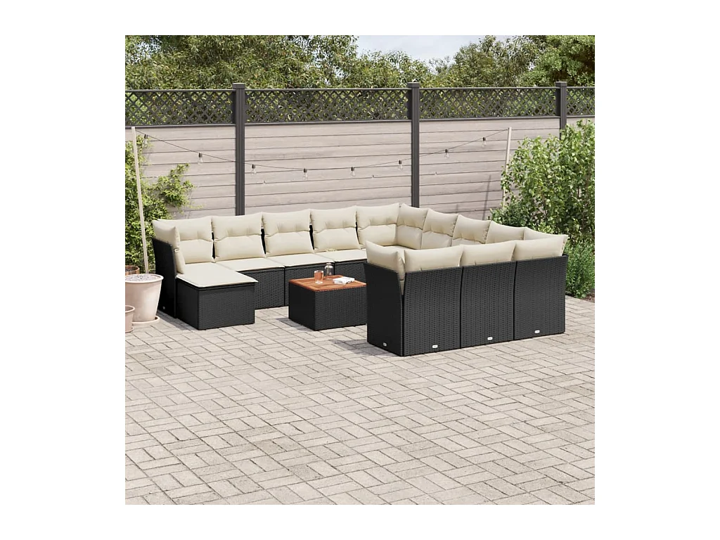 Salon de jardin avec coussins 13 pcs noir résine tressée