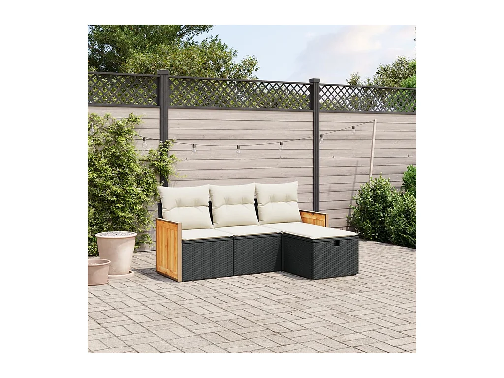Salon de jardin 4 pcs avec coussins noir résine tressée