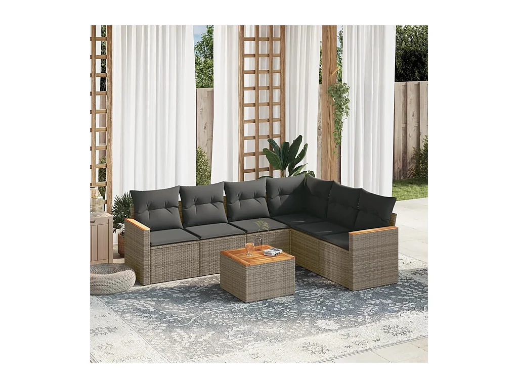 Salon de jardin avec coussins 7 pcs gris résine tressée