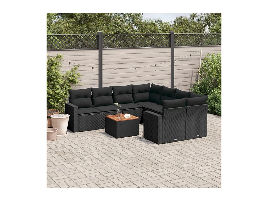 9-tlg. Garten-Sofagarnitur mit Kissen Schwarz Poly Rattan