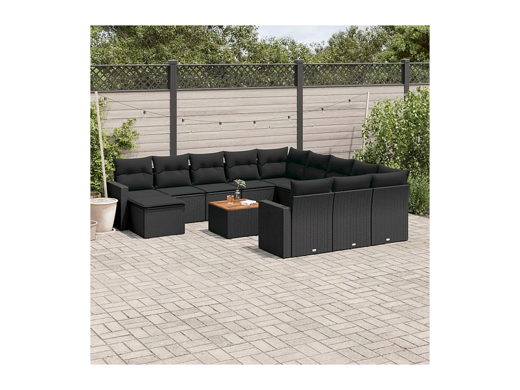 13-delige Loungeset met kussens poly rattan zwart