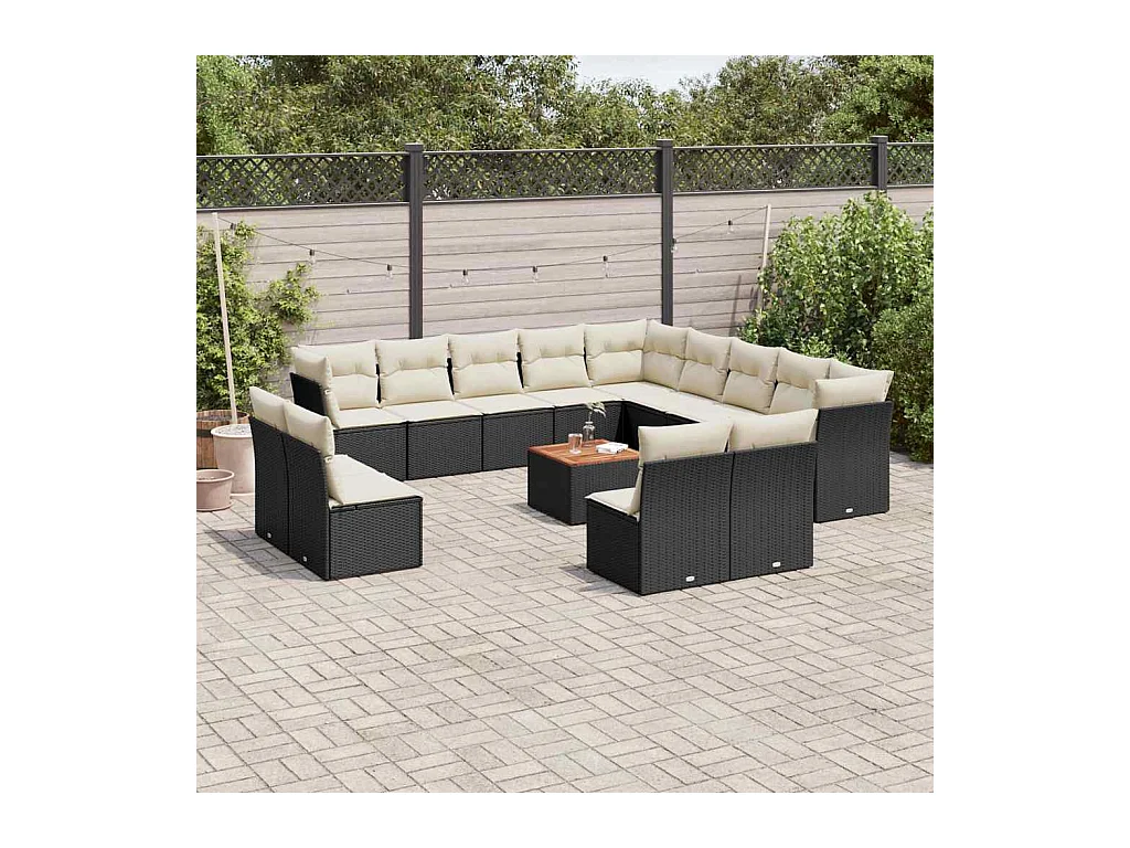 Salon de jardin avec coussins 14 pcs noir résine tressée