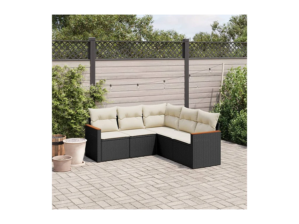 5-delige Loungeset met kussens poly rattan zwart