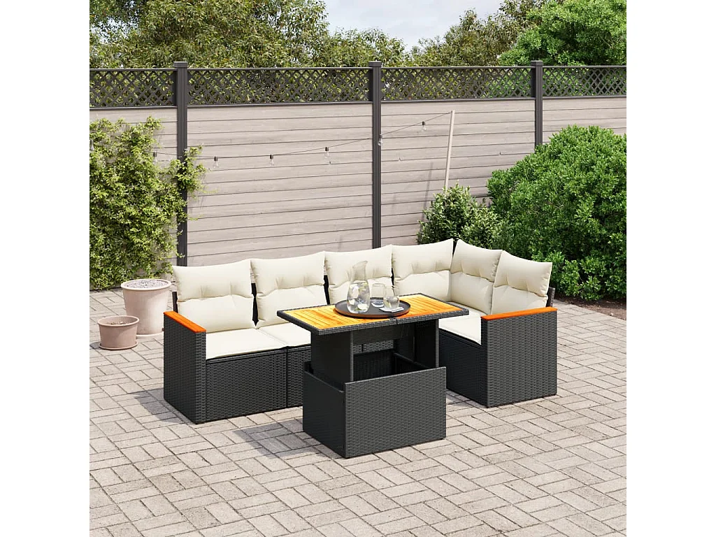Salon de jardin 6 pcs avec coussins noir résine tressée