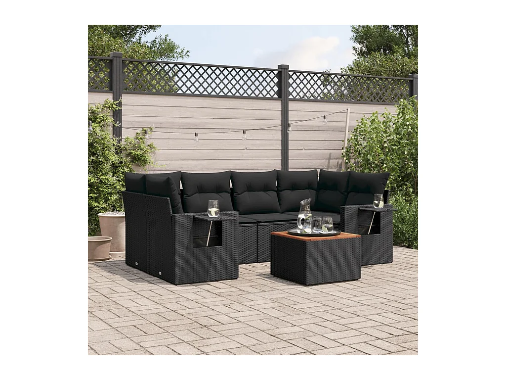 Set Divani da Giardino con Cuscini 7pz Nero Polyrattan
