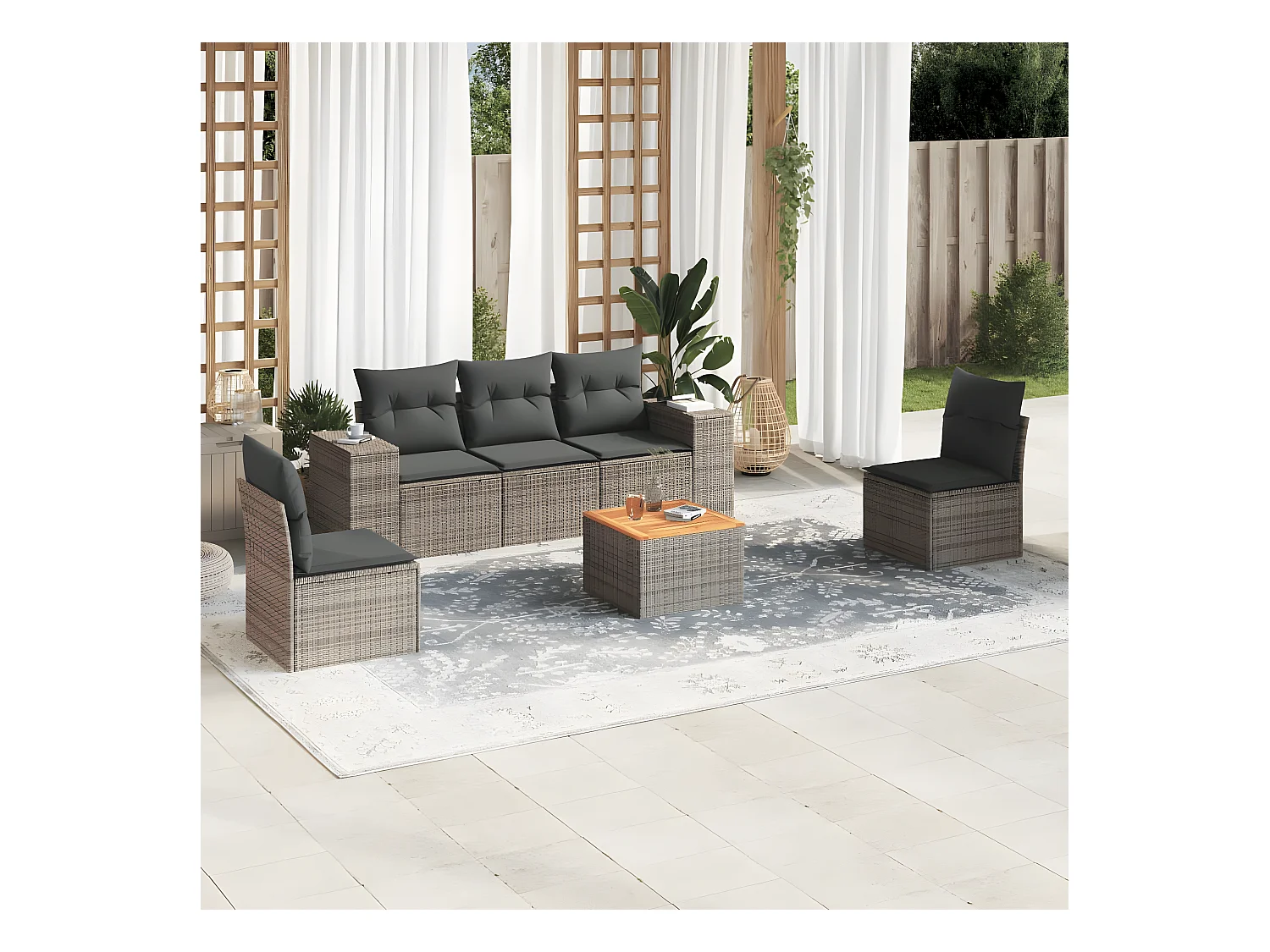 Set Divano da Giardino 6 pz con Cuscini Grigio in Polyrattan