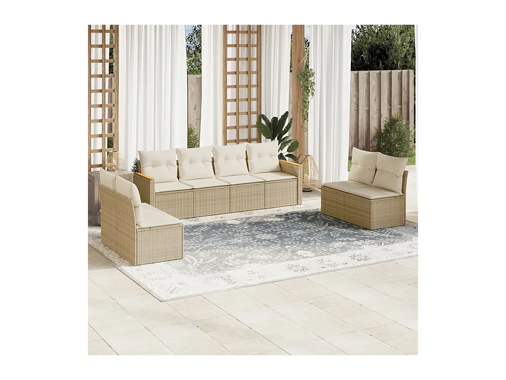 Set Divano da Giardino 8 pz con Cuscini Beige in Polyrattan