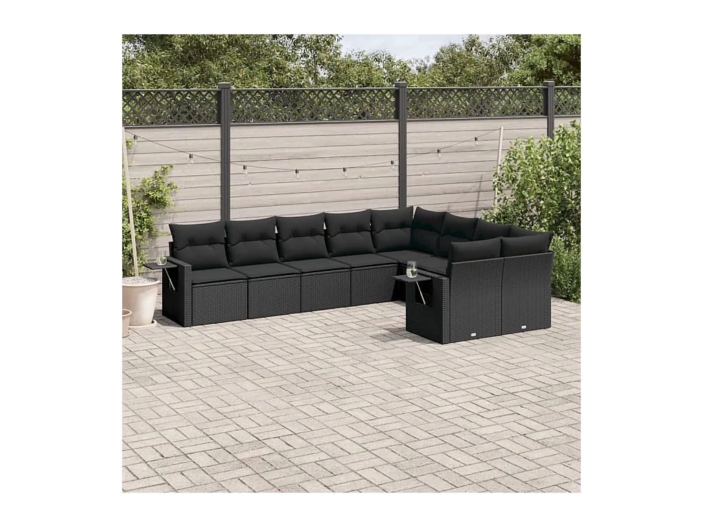Set Divani da Giardino 9 pz con Cuscini Nero in Polyrattan