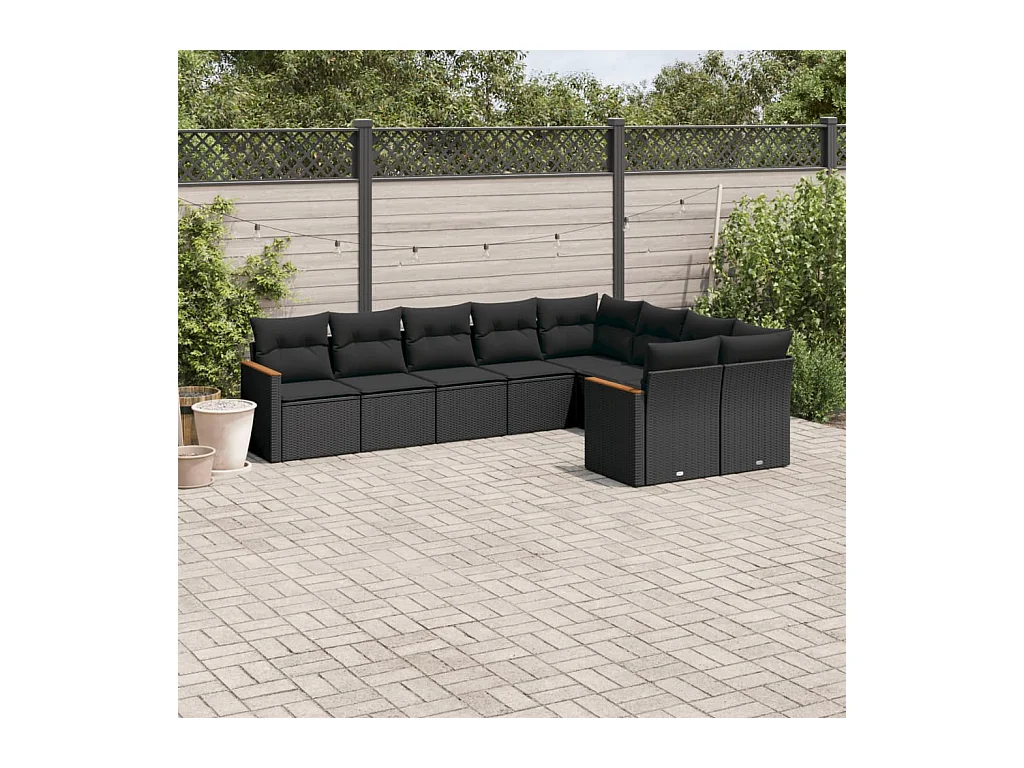 Set Divani da Giardino 9 pz con Cuscini Nero in Polyrattan