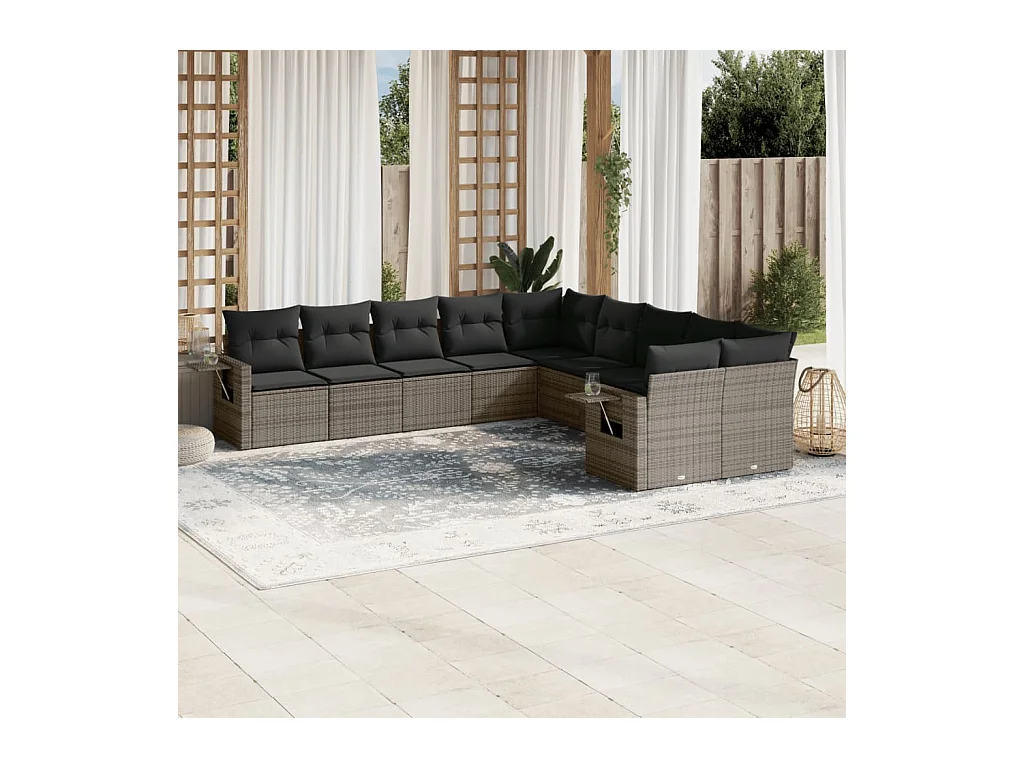 10-delige Loungeset met kussens poly rattan grijs