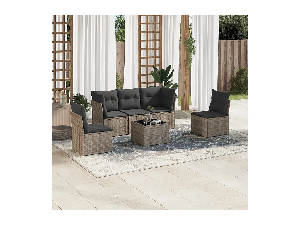 Salon de jardin 6 pcs avec coussins gris résine tressée