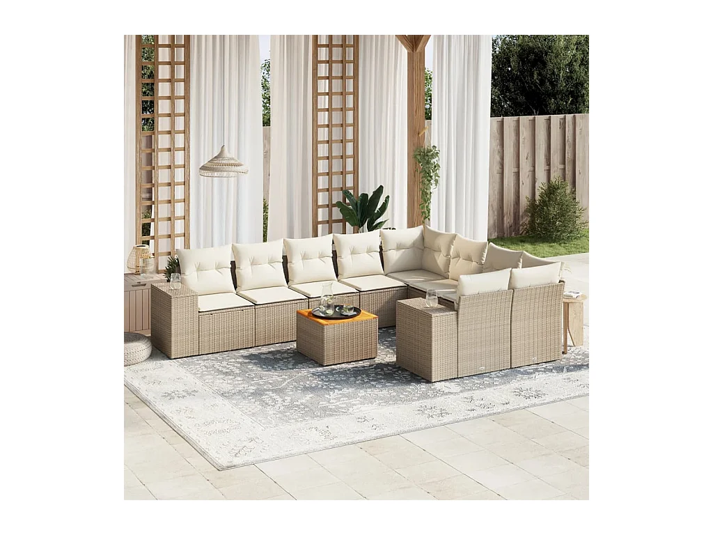 Salon de jardin avec coussins 10 pcs beige résine tressée