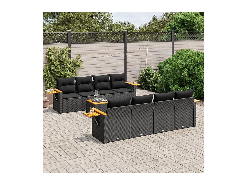 Salon de jardin 9 pcs avec coussins noir résine tressée