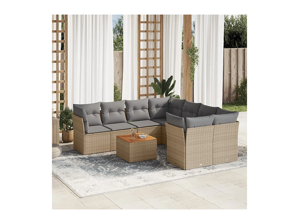 9-tlg. Garten-Sofagarnitur mit Kissen Beige Poly Rattan