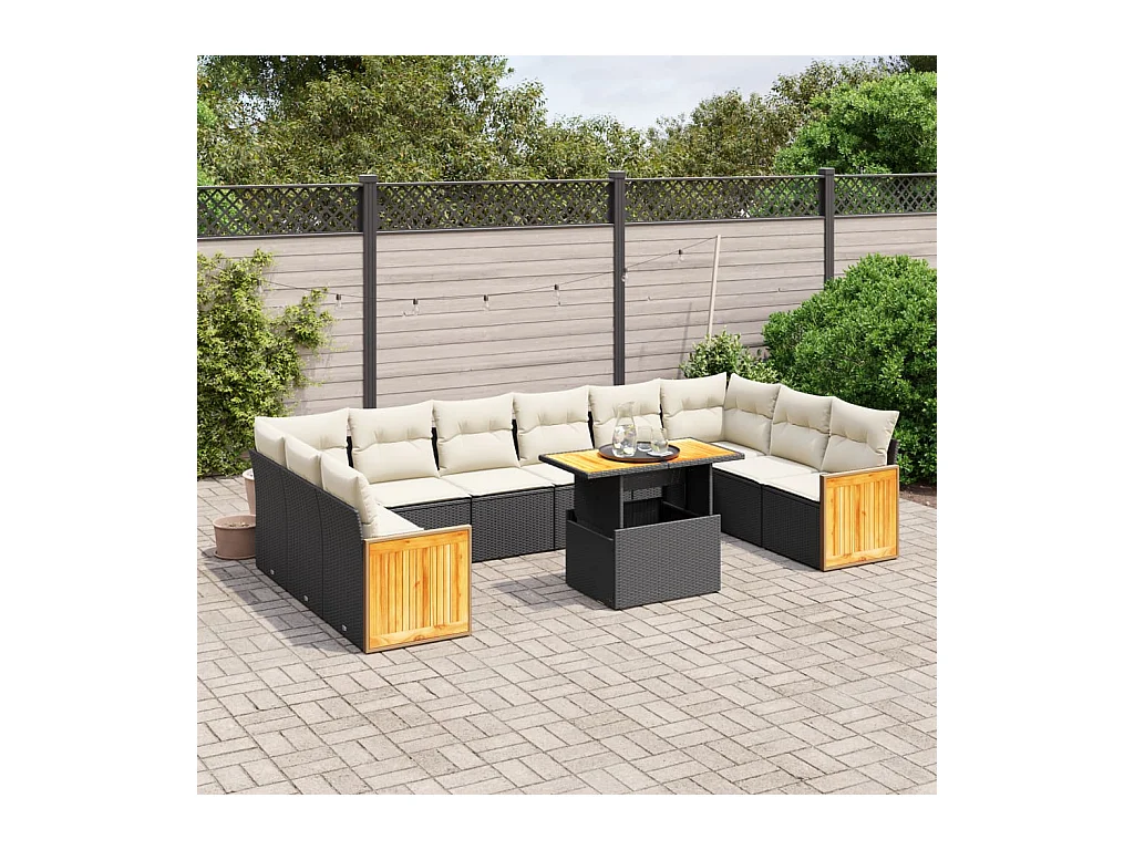 Salon de jardin 11 pcs avec coussins noir résine tressée