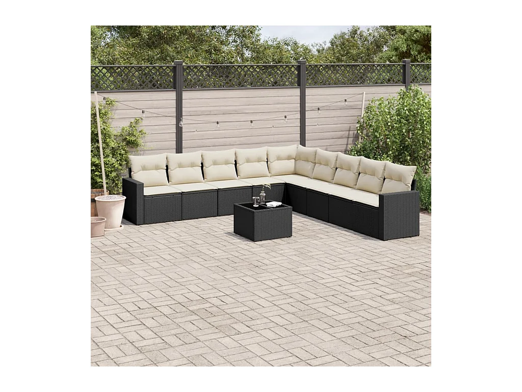10-delige Loungeset met kussens poly rattan zwart