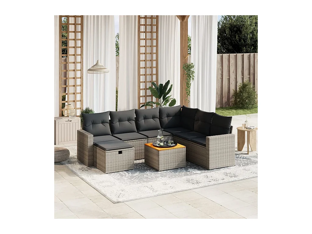 8-delige Loungeset met kussens poly rattan grijs