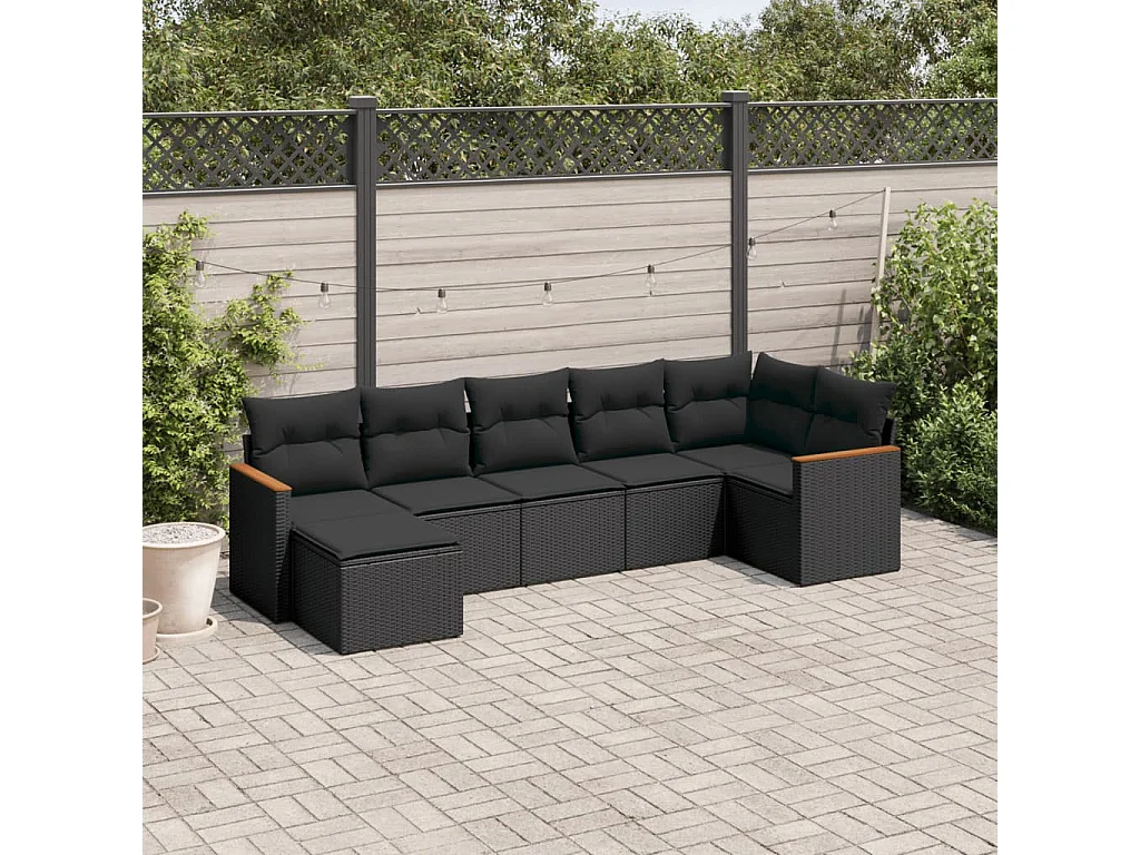 Set Divani da Giardino con Cuscini 7pz Nero Polyrattan