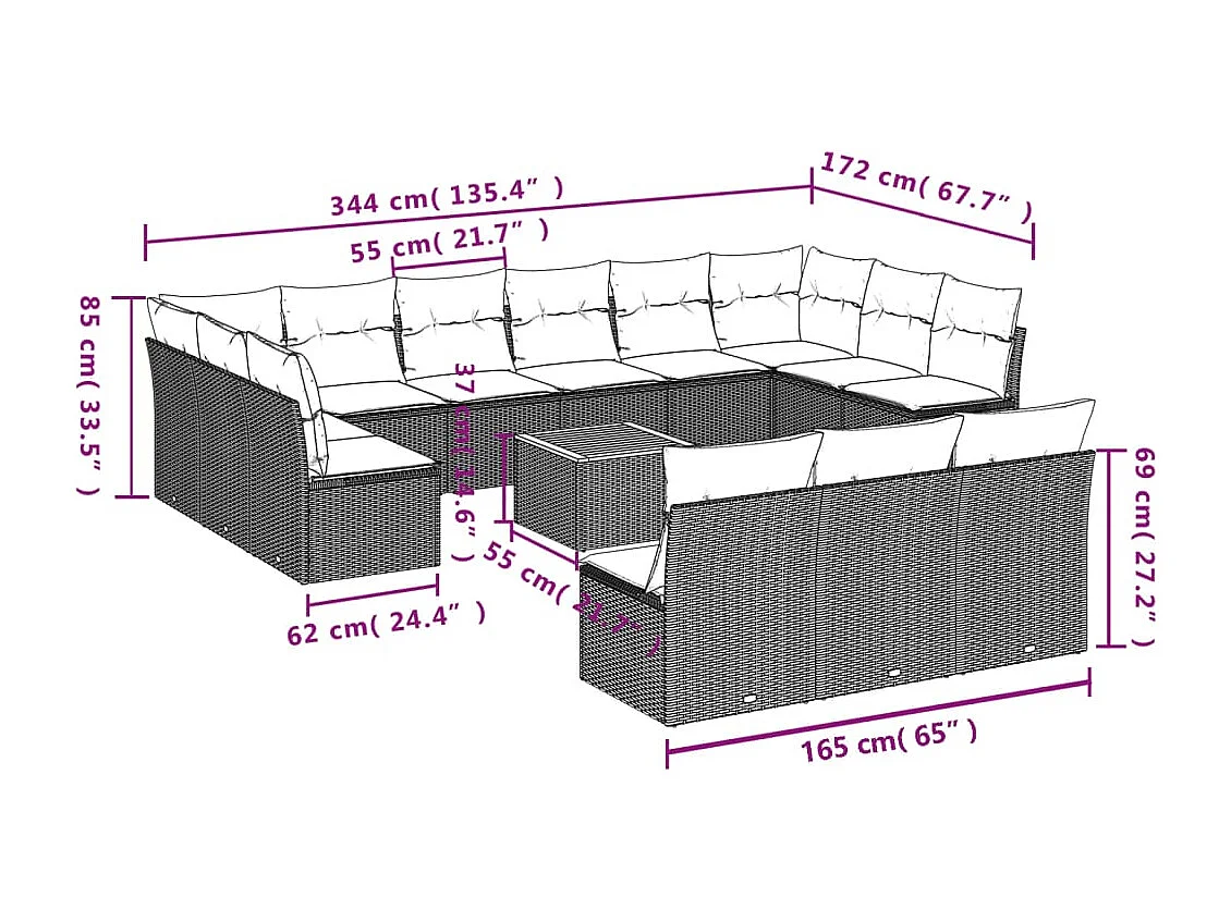 14-tlg. Garten-Sofagarnitur mit Kissen Schwarz Poly Rattan