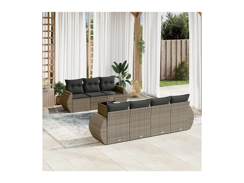 8-delige Loungeset met kussens poly rattan grijs