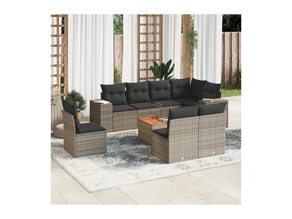 Set Divano da Giardino 9 pz con Cuscini Grigio in Polyrattan