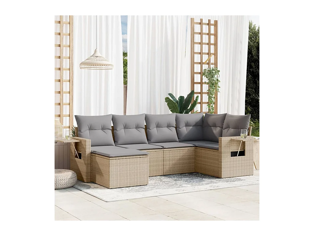 6-delige Loungeset met kussens poly rattan beige