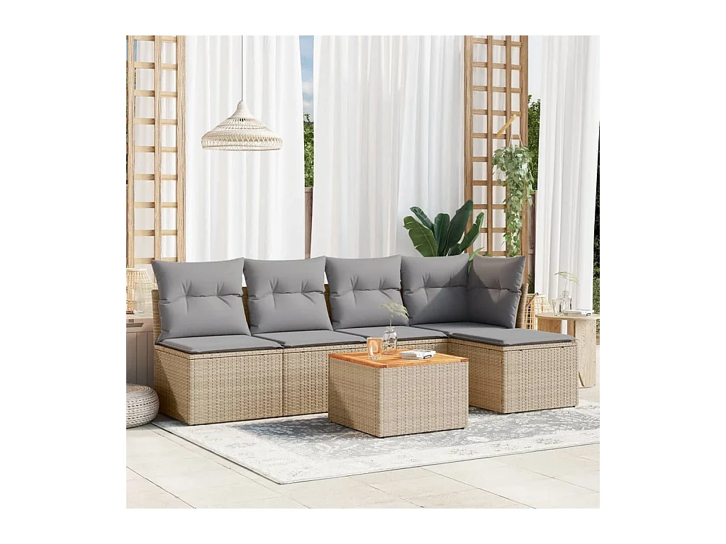6-delige Loungeset met kussens poly rattan gemengd beige