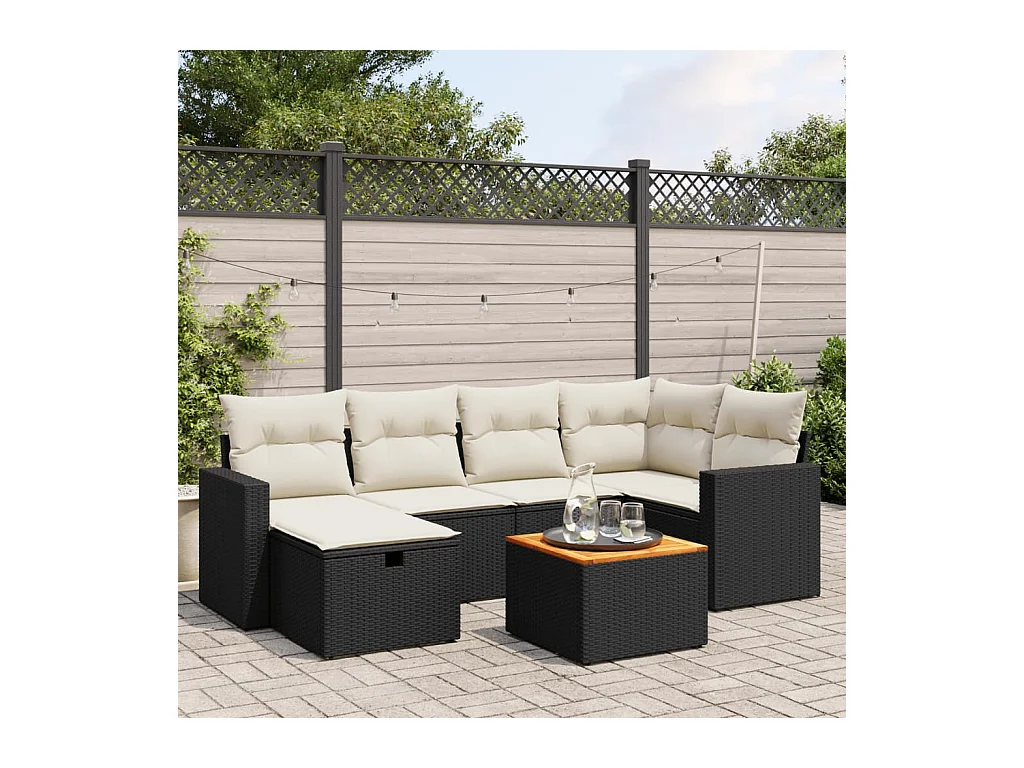 Salon de jardin 7 pcs avec coussins noir résine tressée