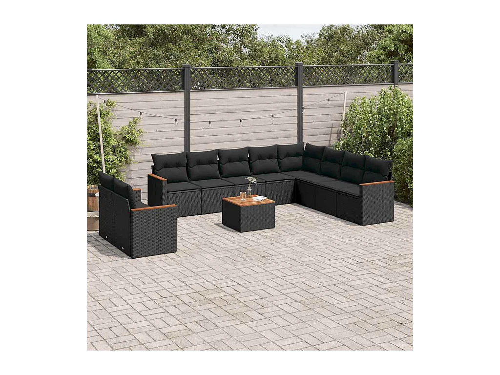 11-delige Loungeset met kussens poly rattan zwart