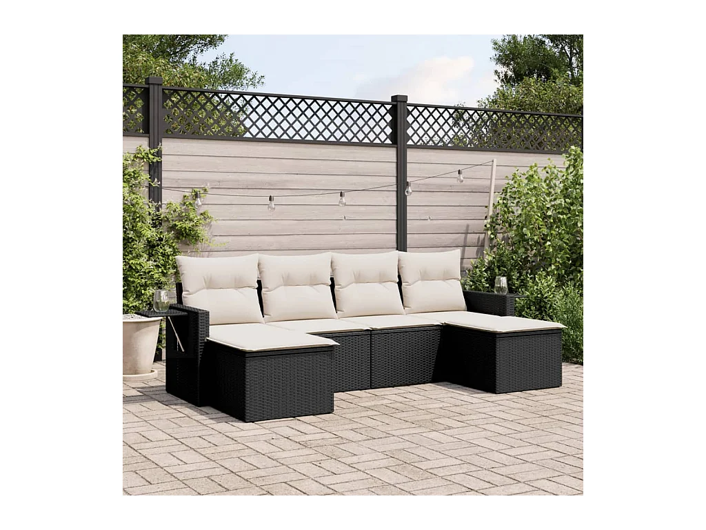 Set Divano da Giardino 6 pz con Cuscini Nero in Polyrattan