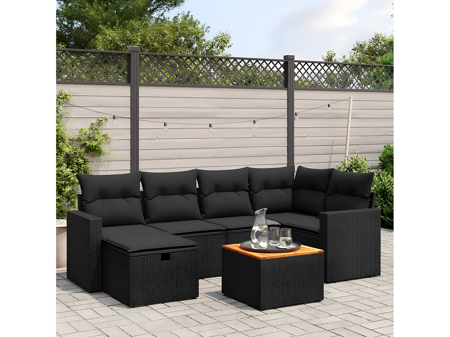 Salon de jardin 7 pcs avec coussins noir résine tressée